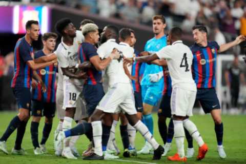 Watch Chelsea icons Eden Hazard and Antonio Rudiger in huge El Clasico brawl as Real Madrid v Barca friendly boils over