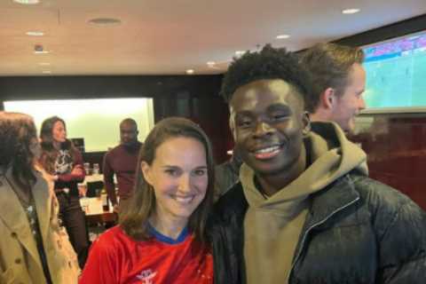 Arsenal star Bukayo Saka beams as he meets Natalie Portman at Wembley after watching England Women’s win over USA