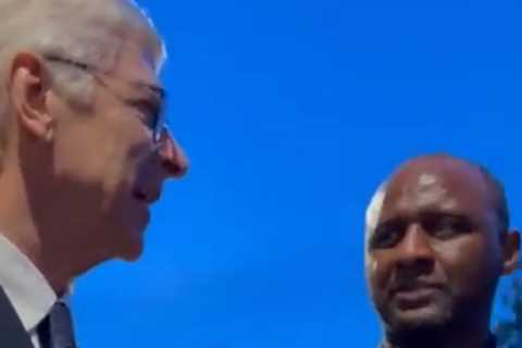 Fans all saying same thing as Arsenal icon Arsene Wenger spotted giving Crystal Palace star Olise advice next to Vieira