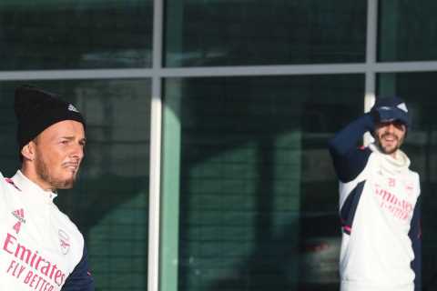 Arsenal star Ben White lobs snowball at team-mates while Kieran Tierney braves the cold in just a T-shirt and shorts