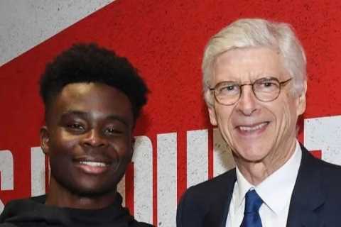 Beaming Arsenal star Bukayo Saka fulfils lifelong dream as he finally meets Arsene Wenger and gives iconic boss big hug