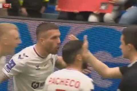 Watch as raging ex-Arsenal star Podolski is sent off during indoor CHARITY match after ‘insulting referee’