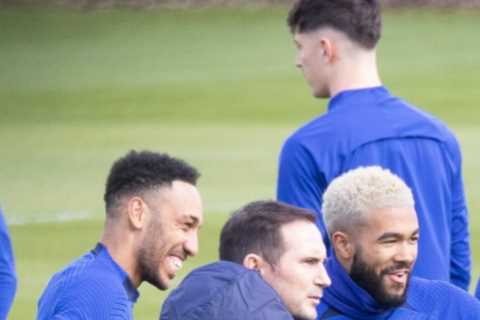 Lampard shares a joke with Aubameyang as he takes Chelsea training for first time & fans hope outcast will get a chance