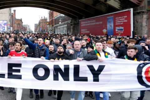 Angry Man Utd fans march outside Old Trafford demanding full sale by hated Glazers ahead of Aston Villa clash