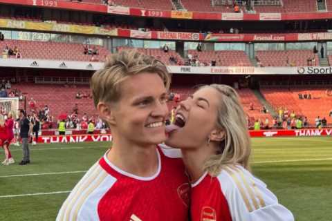 Martin Odegaard goes public with girlfriend Helene Spilling with stunning dancer pictured licking Arsenal star’s face
