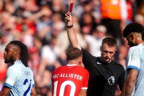 Alexis Mac Allister sent off on Liverpool home debut after shocking high-studs challenge on Ryan Christie