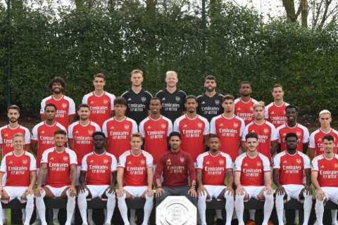 Arsenal pose for squad photo alongside Community Shield and team dog