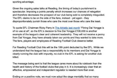 Reading Fans Hide X-Rated Message in Response to EFL's Points Deduction
